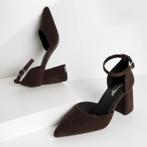 Image of RIBONGZ Block Heels for Women Closed Pointed Toe Heeled Slingback Chunky High Heel Ankle Strap Pumps Patent Leather Comfort Dressy Shoes for Work Party Prom Wedding Bridal Dress