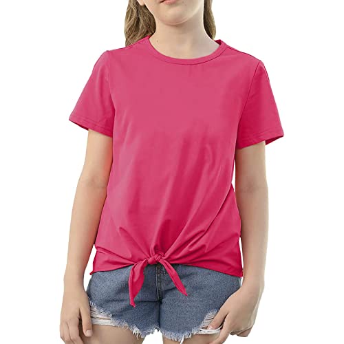 Children Kids Girls Tie Front Knot T Shirt Solid Short Sleeve Tee Crewneck Loose Casual Blouse Tops for 4~13T