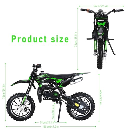 Image of 50CC Kid Dirt Bike, Gas Powered Mini Motorcycle for Kids 8-14 | Up to 35 MPH 330LBS Capacity with Front & Rear Disc Brakes, 10-Inch Off-Road Tires, Pull Start for Youth & Adults Green