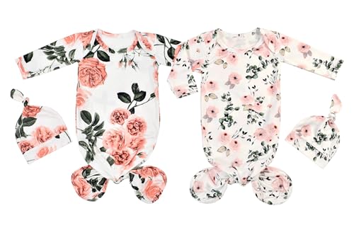 Image of Giggle Angel Newborn Baby Sleeper Gown - Knotted Nightgown Coming Home Outfits for Baby Girl - 2-Piece Set With Hat