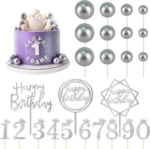 25 Pièces Décoration de Gâteau Boules, Décoration de Gâteau Argenté, Numéros 1-9 Ans Décoration de Gâteaux, Acrylique Happy Birthday decoration gateau, Party Supplies pour Mariage Anniversaire