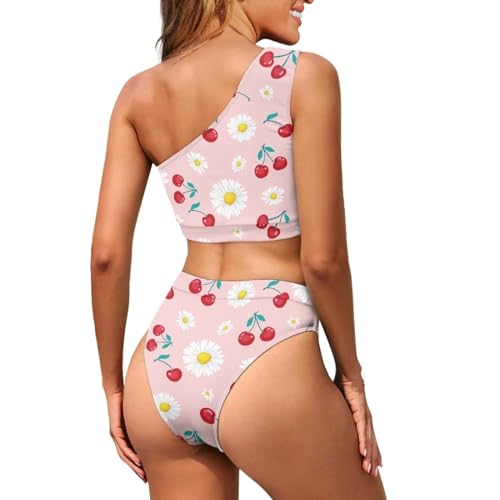 Pugasmiru Biquíni feminino de cintura alta, com controle de barriga, parte inferior franzida, um omb