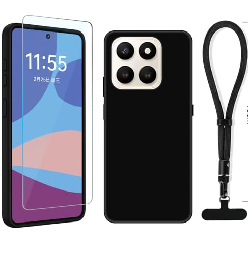 YonderYM Compatible for Honor X7D 5G Case,with Screen Protector & Wrist Strap Lanyard Shockproof Protective Case Cover Onyx Black