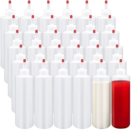 Kaxtde 30 Pcs 500 ml Plastic Squeeze Bottles Bulk, Large Squeezy Sauce Bottle with Nozzles & Caps, Reusable Clear Condiment Bottles for Ketchup Mustard BBQ Sauce