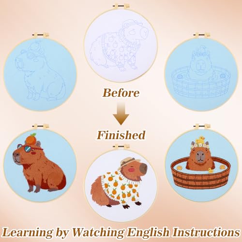 Image of Mindsoft 3 Set Needlepoint Kit for Beginners with Hoop,Capybara | Bamboo Hoop Thread Needles Instructions, Easy Hand Embroidery for Beginners Home Crafts,Pre-stamped Funny Cute Designs