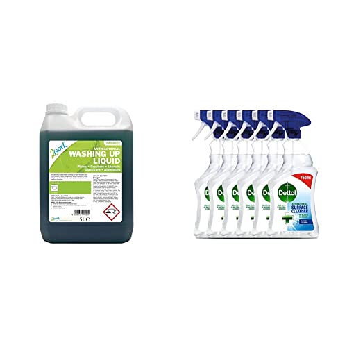 2WORK 2W04022 Antibacterial Washing Up Liquid 5 Litre (Pack of 1) 221 & Dettol Antibacterial Trigger 750ml x6