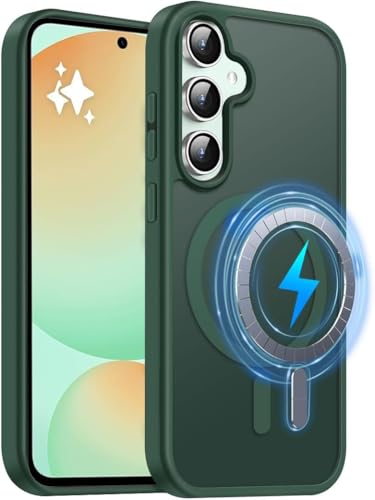 Image of Elzzi Magnetic Guard Designed for Samsung S24 Fe 5G Case Translucent Matte Hard PC + TPU Back Cover [Compatible with MagSafe] Anti-Scratch Phone Case (Green)