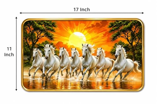 Image of BerryBox 7 Running White Horses Vastu Painting with Golden Border 11x17 Inch | Auspicious White Horse Wall Art Frame for Living Room Bedroom Office | Running 7 Horses Success Wealth Vastu Artwork Home Decor