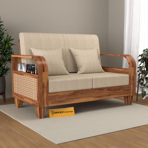 Image of Sheesham Wooden 2 Seater Sofa for Living Room | Solid Wood Sofa with Rattan Cane Side Rack | Rosewood Sofa Set for Home & Office | Lounge (Honey, 2 Seater)