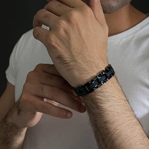 Zillaly Men's Stainless Steel Two-Tone Square Link Diamond Bracelet In Black & Blue Ion-Plated Black (Black & Blue) #TOP3