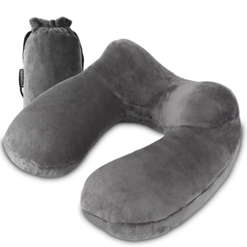 urophylla Inflatable Travel Pillow Soft Velvet Inflatable Neck Pillow for Traveling Airplanes Train Car Office with Compact Bag Breathable Washable Cover Suit for Adults Sleeping - Grey