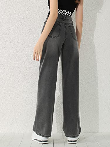 Sweatyrocks Girl's High Waisted Solid Straight Leg Jeans Casual Loose Denim Pants Dark Grey 8-9Y #TOP1
