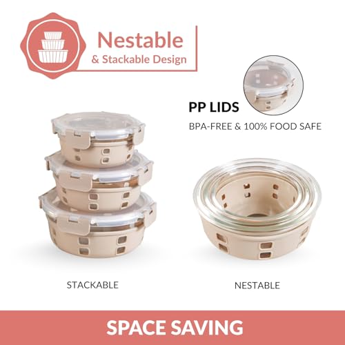 Image of Nestasia Gripso Glass Containers Set of 3 (400ml, 600ml, 950ml) with Silicone Sleeve & Locking Lid, Microwave, Dishwasher & Freezer Safe Round Food Storage Containers (Beige)