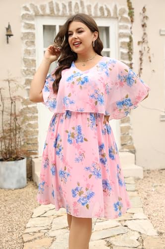 Image of Keluummi Plus Size Wedding Guest Dress for Curvy Women, Boho Floral Empire Waist Midi with Sleeve