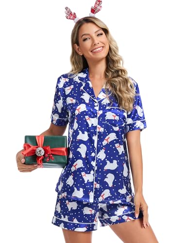 Image of SWOMOG Womens Silk Satin Pajamas Set Short Sleeve Sleepwear Button Down Top and Shorts Loungewear 2 Piece Pjs Set XS-3XL