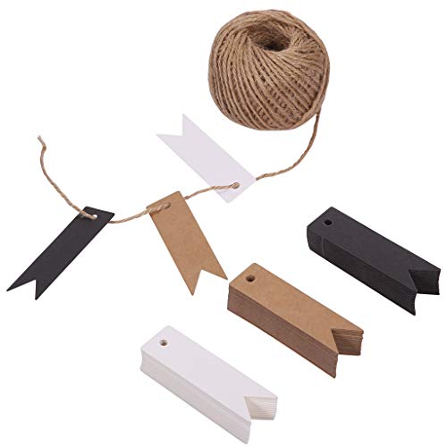 150ct Kraft Gift Paper Tags Labels with String Natural Jute Twine for Gift Wrapping Thank You Tag (3 Colors) (Fish Tail)