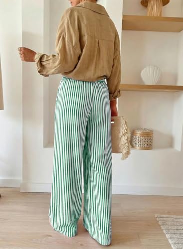 Image of Acelitt Women Casual Drawstring Elastic Waist Striped Wide Leg Pants with Pockets, S-XXL