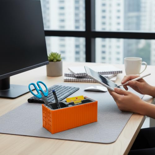 Image of Shipping Container Pen Stand, Container Style Desk Organizer Pen Stand for Office Table Shipping Company, Unique Tabletop for Gifting (Orange)