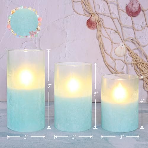 Image of Glass Flameless Candles with Timer, Battery Operated Flickering Led Pillar Candles, Turquoise Candles for Home Decorations, Centerpiece, Nautical Theme Party