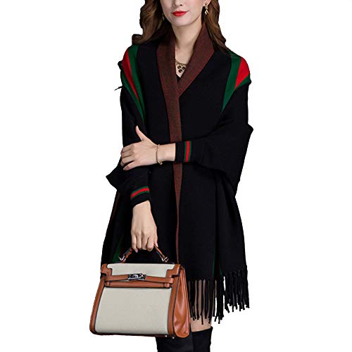 LIULIFE Tassel Shawl Spring Autumn Women's Cloak Scarf Dual-use Cardigan with Sleeves Cape Poncho,Black-OneSize
