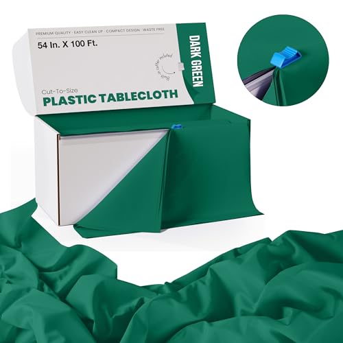 Image of Exquisite Party Solids 54 Inch X 100 Feet Dark Green Plastic Table Cover Roll in A Cut - to - Size Box with Convenient Slide Cutter. Cuts Up to 12 Rectangle 8 Feet Plastic Disposable Tablecloths