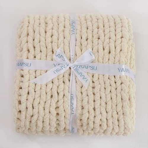 Yaapsu Chunky Knit Blanket Throw 51X63, Chenille Throw Blankets, Chunky Knitted Throw Blanket For Couch & Bed, Soft Large Knit Throw Blankets Chunky Yarn, Big Thick Cable Knit Crochet Blankets (Beige) #TOP6