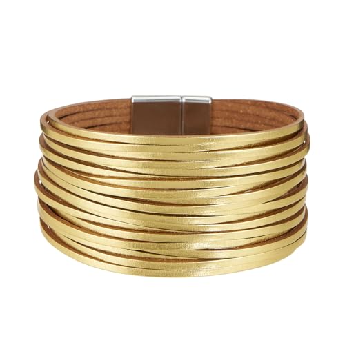 QIUTIMIY Leather Bracelets for Women Trendy Boho Cuff Bracelet Layered Bangle with Clasp Hand Wrist Jewelry Western(Style 4-Gold)