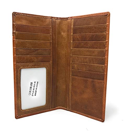 Western Genuine Leather Tooled Laser Cut Basketweave Men's Long Bifold Wallet in 8 colors (Brown/Beige)2