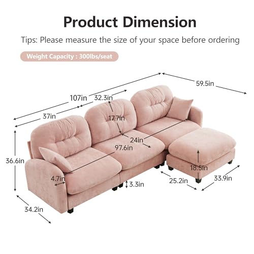 Image of KEIKI 107 inch L-Shaped Oversized Chenille Modular Sectional Sofa with 1 Ottoman, High-Density Foam Cushions, Tufted Pleated Cushion Backrest, Modern 3-Seater Couch with 2 Pillow, for Living Room, Pink