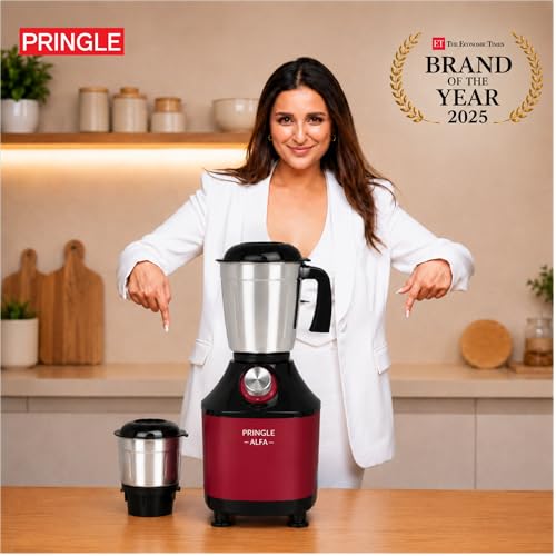 Image of Pringle Alfa 550W 3 Jar Mixer Grinder for Kitchen | 3 SS Jars (Liquidizing, Wet & Dry Grinder & Chutney) | Stainless Steel Blades | Compact & Powerful | 5 Yr Warranty | Red