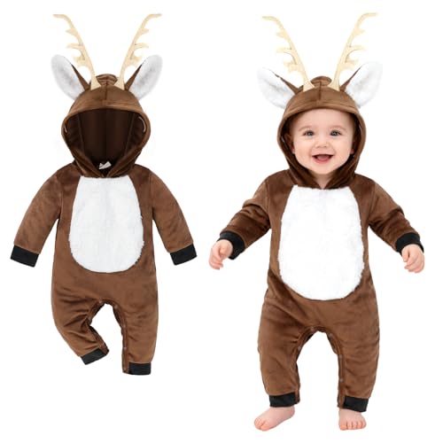Beipegin Disfarce de Reno para Bebê Menino Menina Recém-Nascido Macacão para a Primeira Natal Disfarce de Natal Roupa Papai Noel 0-24 Meses, Castanho