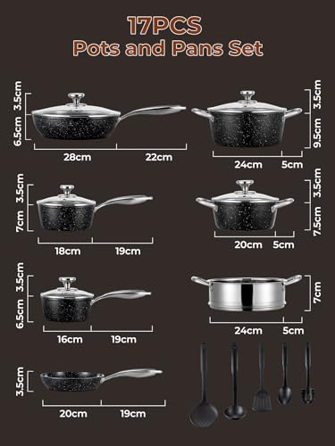 FOHERE Nonstick Pots and Pans Set with Lids 17 PCS, Aluminum Induction Ceramic Coating Kitchen Cookware Sets with Frying Pans, Saucepans, Stock Pot, Black - Image 2