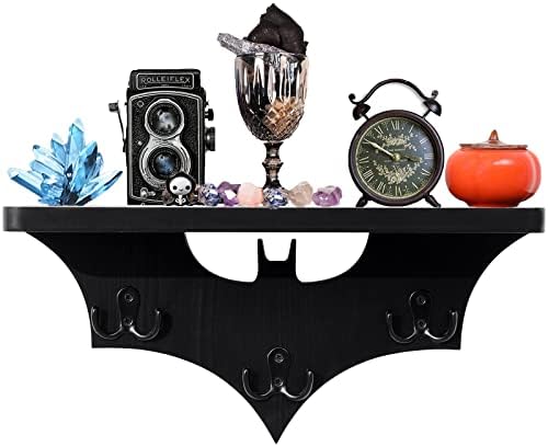 WK&YOHFY Bat Shelf Gothic Home Decor Floating Shelves-Gothic Shelves for Oddities and Curiosities-Bat Decor Spooky Hanging Shelf with 3 Double Hooks