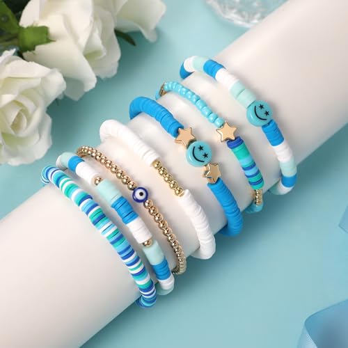 Image of Preppy Bracelets Set Colorful White Gold Smile Heart Star Polymer Beaded Pearl Clay Stackable Charm Y2K Kidcore Aesthetic Summer Beach Bohemian Stretch Layering Bracelets Jewelry for Girls Women Teens