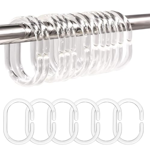 Plastic Shower Curtain Rings - 24 Pack No Rust Bathroom Hooks with Silent Glide C-Shape Design, Rust Resistant Shower curtain hooks for Bathroom, Window Rod Quick Snap Installation (Clear)