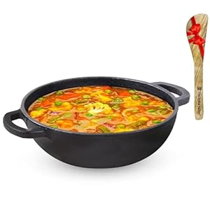 Pre-Seasoned Cast Iron Kadai with Flat Handles + Free Wooden Flip | Medium, 25.4 cm/10 inch, 2.3Ltr, 2.5kg | Naturally Nonstick Kadhai, 100% Pure & Toxin-Free, No Chemical Coating