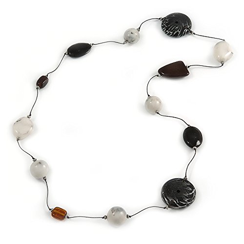 Avalaya - Collier long avec des perles en résine, en bois, en céramique et de cordon de soie (blanc, noir) – 92 cm