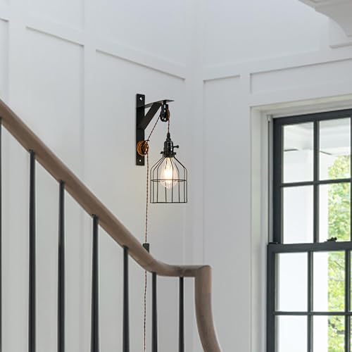 Aplique de pared negro E27 de estilo industrial con polea regulable para salón (Pack de 2) 6
