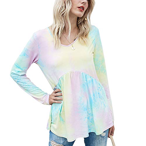 Women's Tie Dye Printed Long Sleeve T Shirt V Neck Casual Baby-Doll Loose Pullover Tops Shirts (Pink, X-Large)