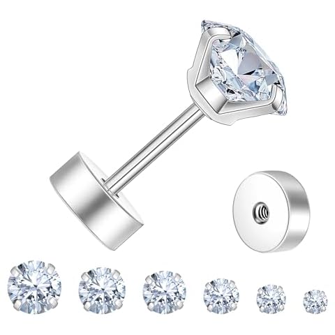 Flat Back Stud Earrings for Women Cartilage Earrings Surgical Steel Earrings CZ Earrings Studs 6 Pairs 20G Cover