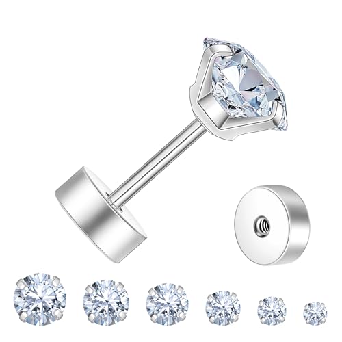 Flat Back Stud Earrings for Women - Hypoallergenic Surgical Steel Earrings with CZ Stones - 6 Pairs (18-20G)3