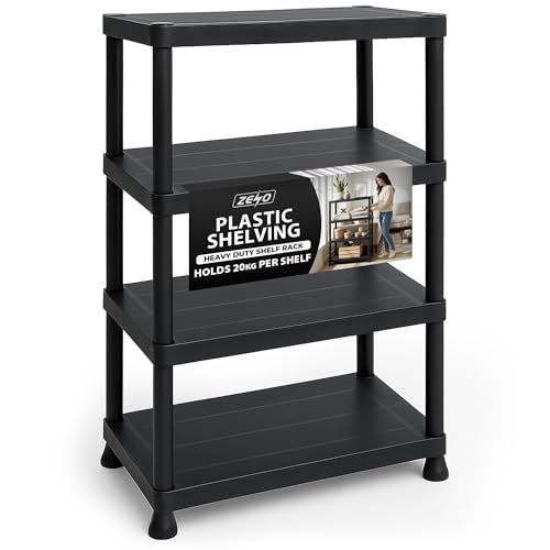 ZENO Plastic Shelving Unit 4 Tier | Storage Shelves 80KG Total Load Capacity | Plastic Shelving for Home Garage Kitchen Shed and Workshop | Heavy Duty Stable Frame | Easy Tool Free Assembly