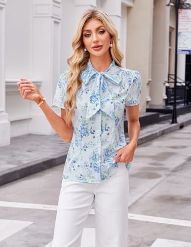 Image of Belle Poque Summer Short Sleeve Office Button Down Blouse Stripe Shirt Tops with Bow Tie BP573