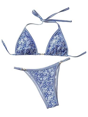 Image of GORGLITTER Boho Floral Swimsuits for Women UK Triangle Thong Bikini 2 Piece Halter Tie Beach Vacation Swimwear Blue and White Small