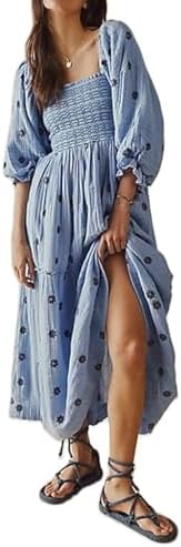 Women Floral Embroidered Maxi Dress Long Puff Sleeve Square Neck ...