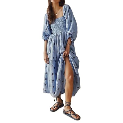 ABYOVRT Women Floral Embroidered Maxi Dress Long Puff Sleeve Square Neck Bohemian Flowy Dress with Pockets Summer Fall (Sky Blue,M)