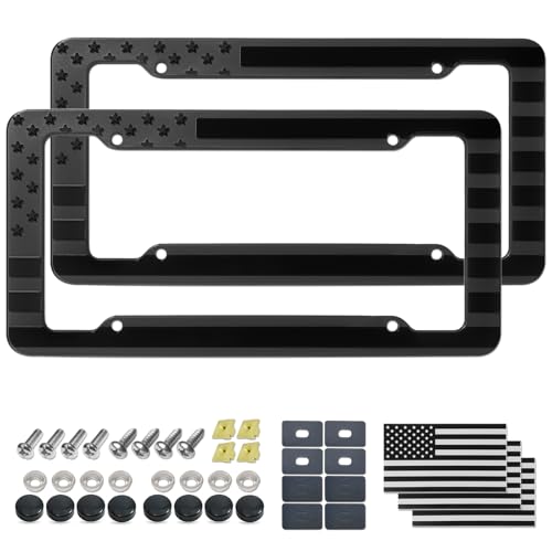 Aootf American Flag License Plate Frames- Black Plastic USA Flag Car Tag Holder with Screws Caps and Patriotic Decals2 Pack Rustproof Frames for Front Rear