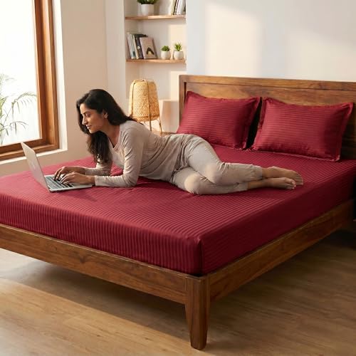 Image of Mafatlal Italian Strip Bedsheets with 2 Pillow Covers for King Size Bed | 210 TC Pure Cotton Flat Sheet Maroon | 108 x 108 Inches | Everyday Comfort & Style