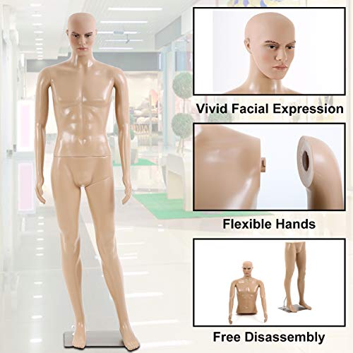 73 Inches Male Mannequin Full Body Adjustable Mannequin Torso Dress Form For Sewing Mannequin Plastic Detachable Mannequin Stand W/Metal Base & Realistic Display Mannequin Head Morden Dress Model #TOP3