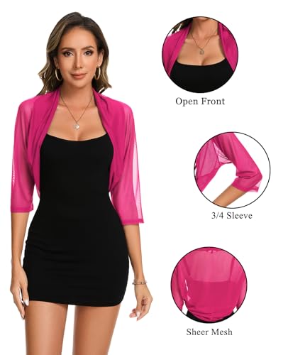 Image of MINTLIMIT Women's Elegant Sheer Mesh Shrug Bolero Batwing 3 /4 Sleeve Open Front Cropped Cardigan Shrugs for Evening Dress
